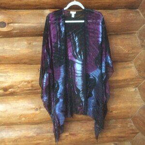 Purple & Black Textured Beaded Accent Silk Blend Chicos Kimono Shawl Size S/M